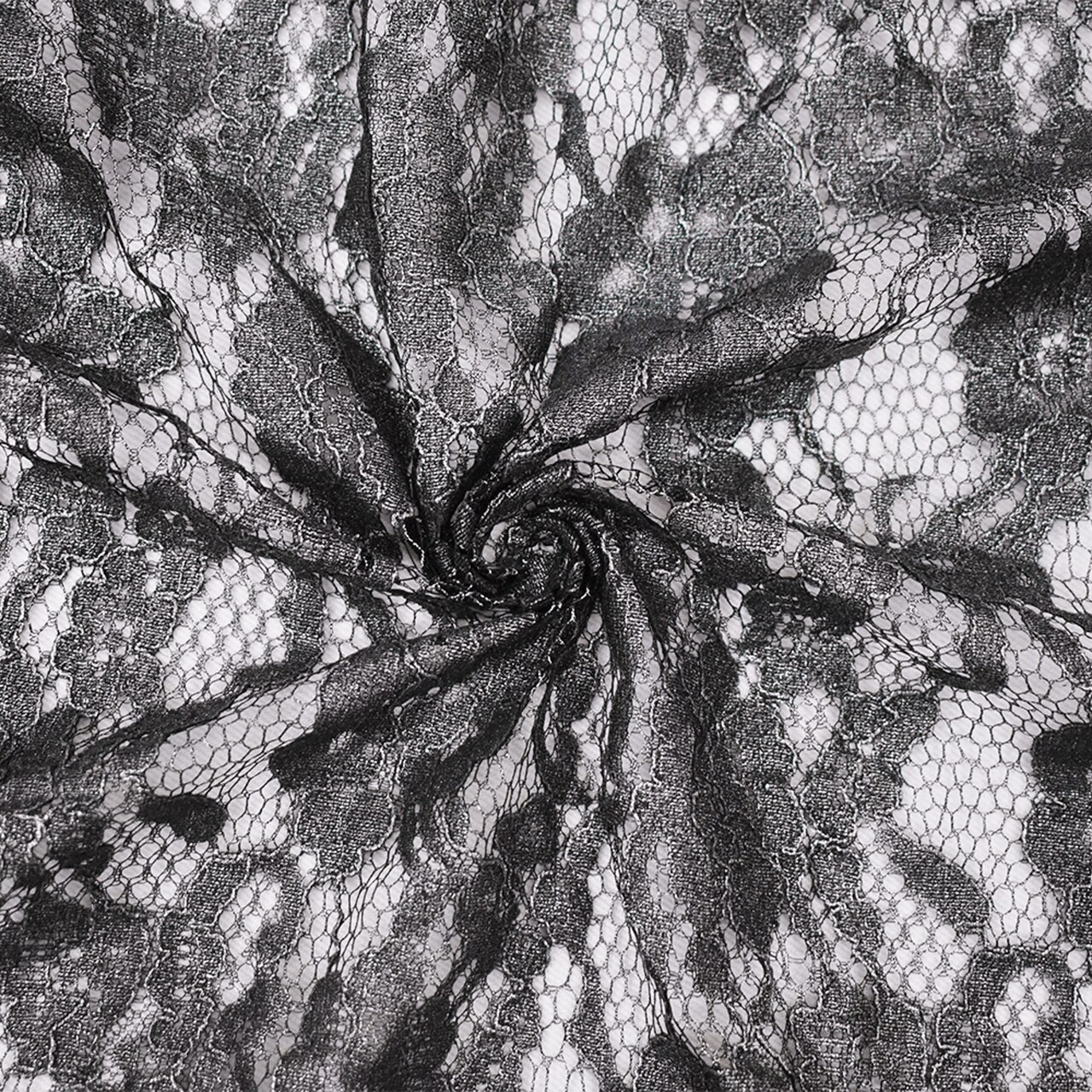 Black-Silver Cotton Polyester Crochet Floral Lace Mesh Knit Fabric By the Yard